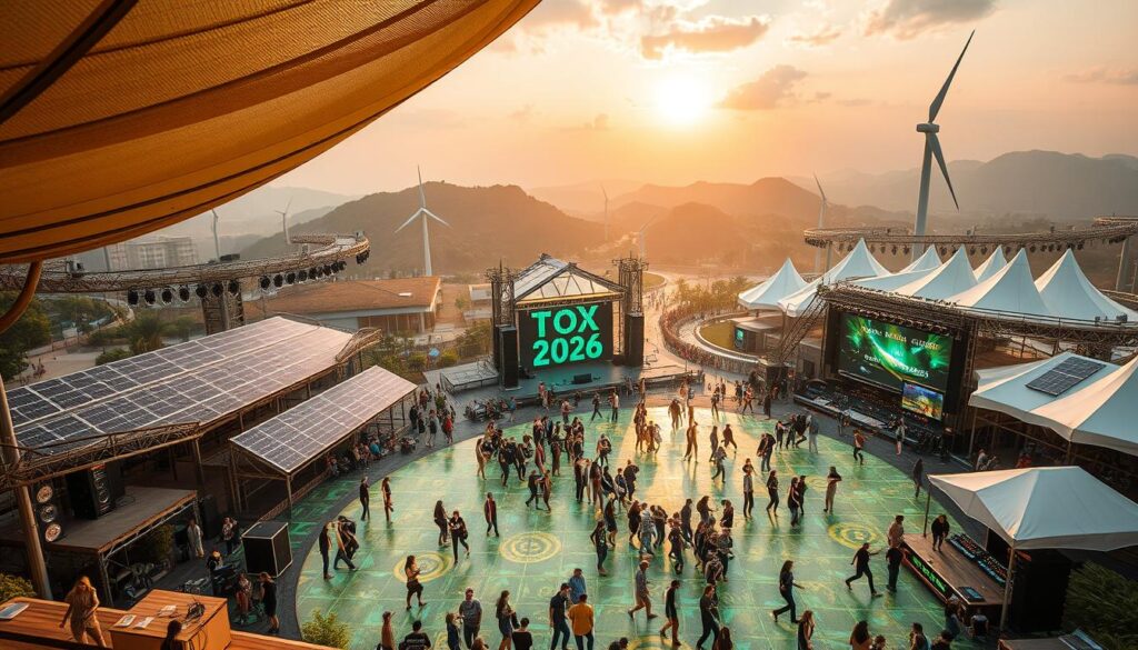 Sustainable electronic music festival with renewable energy and eco-friendly design for 2026