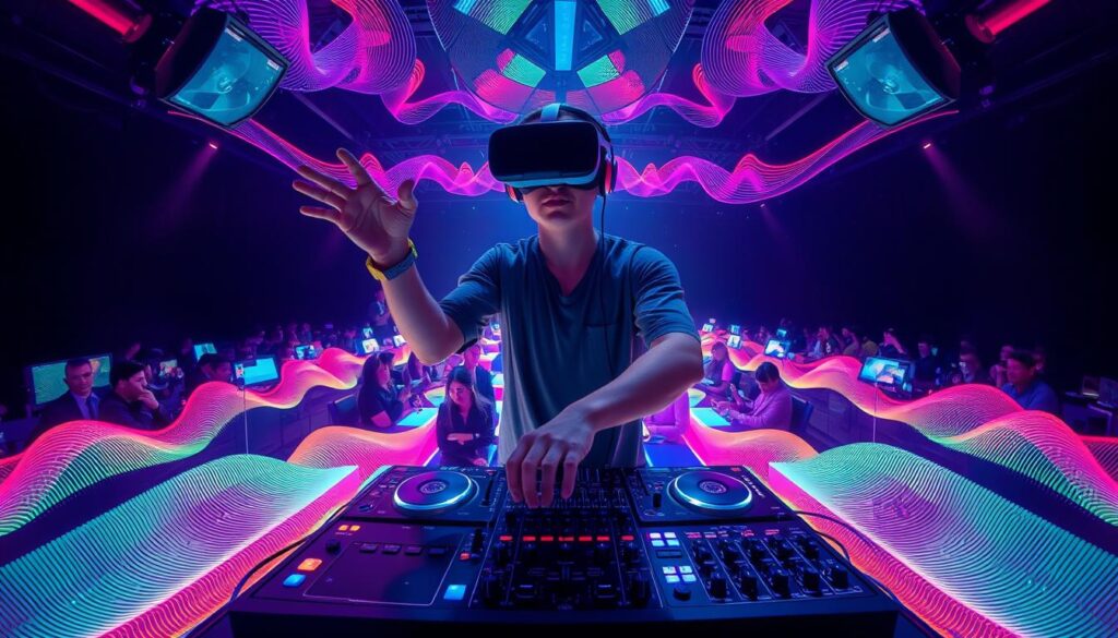 Virtual reality music performance showing a DJ manipulating sound in 3D space for future of electro music 2026