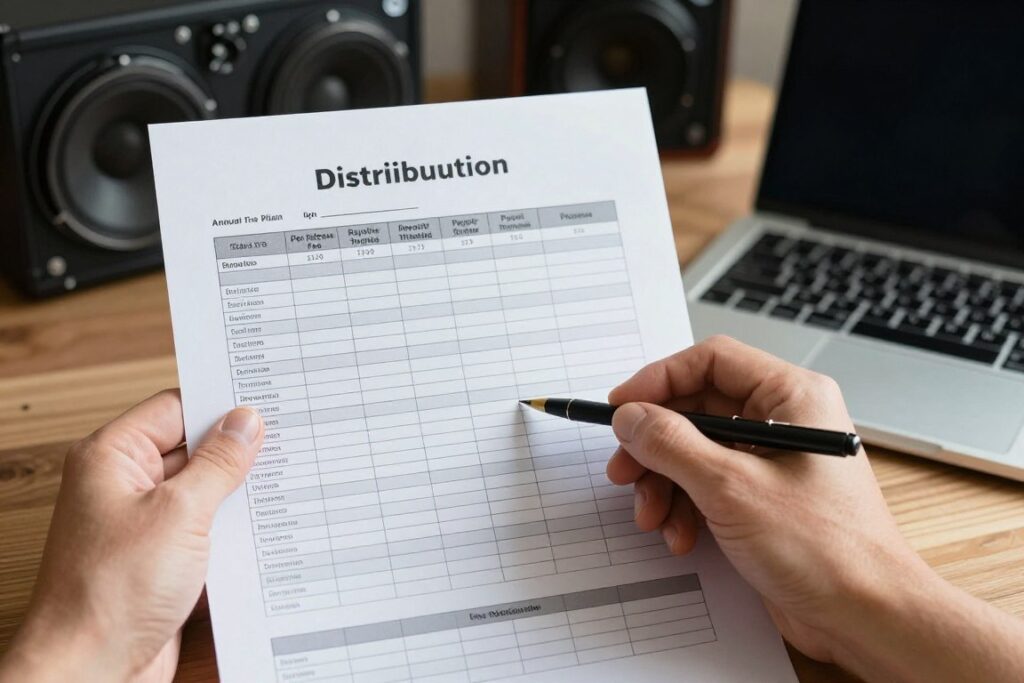 Artist comparing music distribution pricing royalties and payout terms
