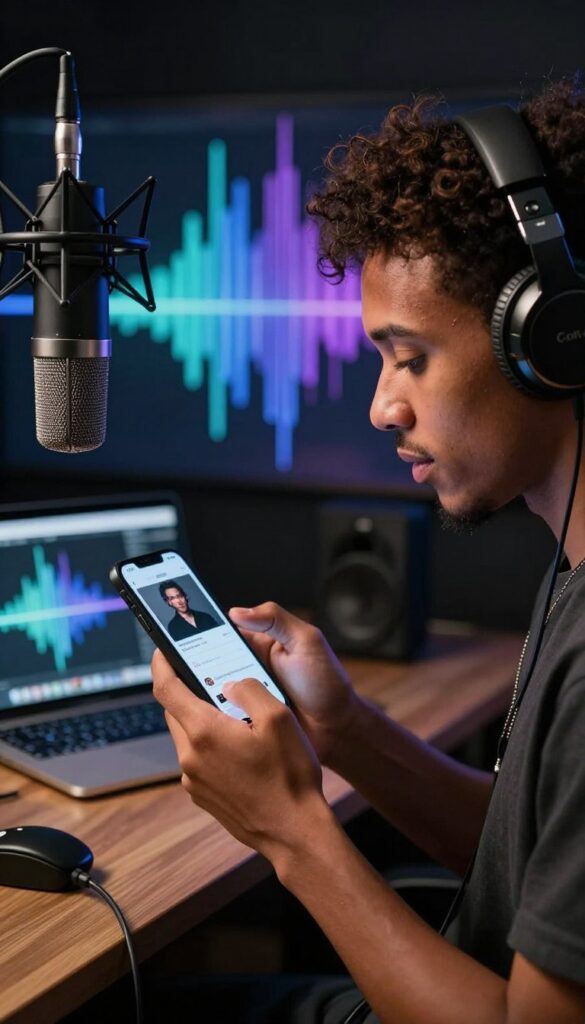 Artist using a mobile music distribution service to manage an AI-generated song release