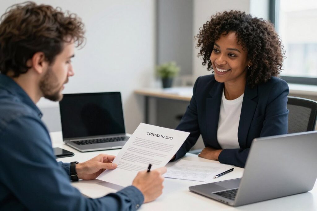 music contract discussion between business partners